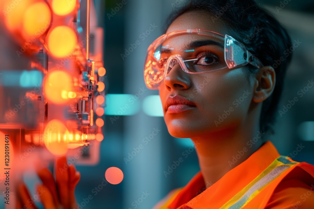 Poster futuristic industrial robotics indian female engineer oversees smart factory automation with reflect