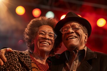 Portrait of a joyful mixed race couple in their 70s wearing a professional suit jacket isolated on lively concert stage