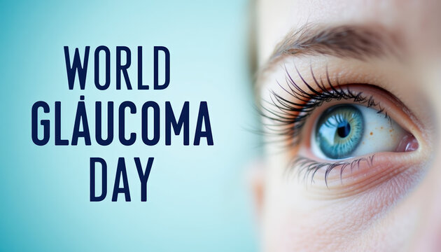 World Glaucoma Day banner featuring an eye with a blue background and informative text encouraging awareness and action against glaucoma.
