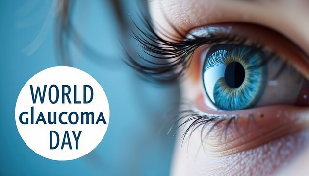 World Glaucoma Day awareness banner featuring a detailed eye image and encouraging messages related to eye care and disease prevention.