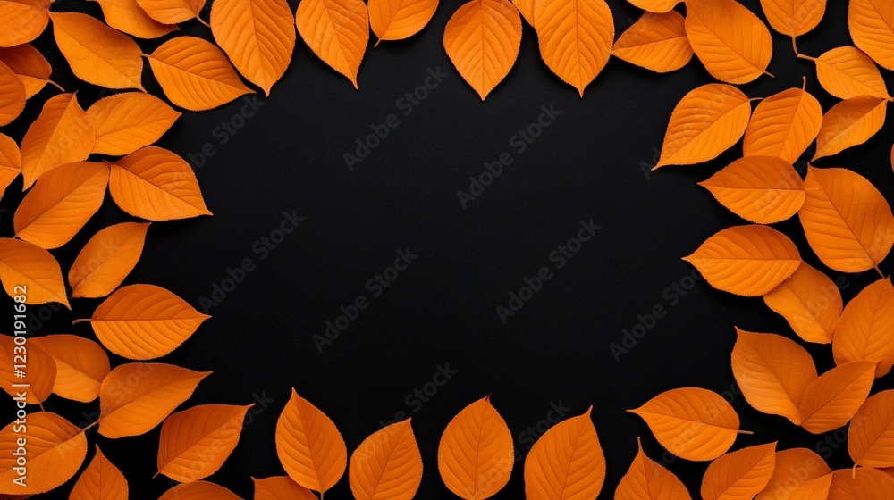 Poster autumnal frame: a captivating frame of vibrant orange autumn leaves arranged on a stark black backgr