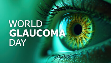 Professional banner for World Glaucoma Day featuring a striking eye image and essential messages encouraging communities to raise awareness and participate in prevention efforts.