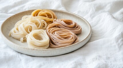 Three pasta types on plate, kitchen textile background, food photography, recipe website