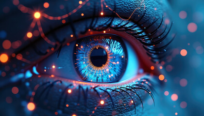 Close-up of a futuristic blue eye with digital sparks and intricate details highlighting the importance of awareness for World Glaucoma Day.