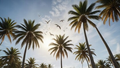 Seagulls fly overhead amidst swaying palm trees, palm trees, , ocean view