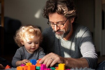 Caucasian male adult and child playing with colorful building blocks in sunlit room.