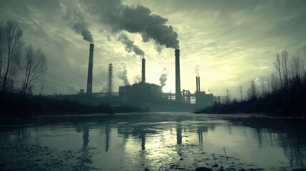 Industrial Landscape with Smokestacks and Reflections at Dusk
