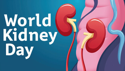 Colorful kidney illustration with the text 'World Kidney Day' on a bright blue background promoting kidney health awareness.