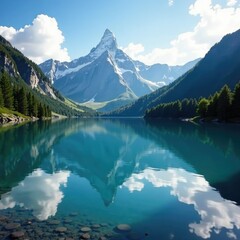 Fototapeta premium Crater lake reflects the majestic mountain range, calm water surface, mountains, peaceful