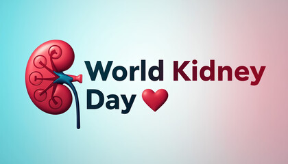 Vibrant banner design for World Kidney Day featuring stylized red kidneys and a heart symbol promoting health and awareness.
