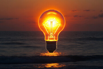 Bright bulb shaped like the sun rising over calm ocean waters at dusk