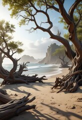 Seashore landscape with gnarled tree trunks and twisted branches, gnarled, nature, seaside
