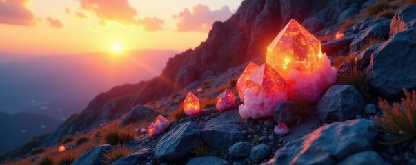 Crystal formations radiate warmth on a rocky hillside at dusk, earthy tones, rock formation