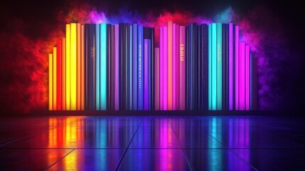 Fototapeta premium Neon Bookshelf: A vibrant display of knowledge illuminated in a mystical atmosphere