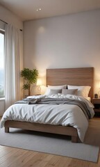 Fototapeta premium Serene and inviting bedroom with a cooling treat, serene ambiance, soothing coolness, comfortable bed