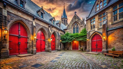 Obraz premium Gothic Church Courtyard: Red Doors & Cobblestone Wide Angle