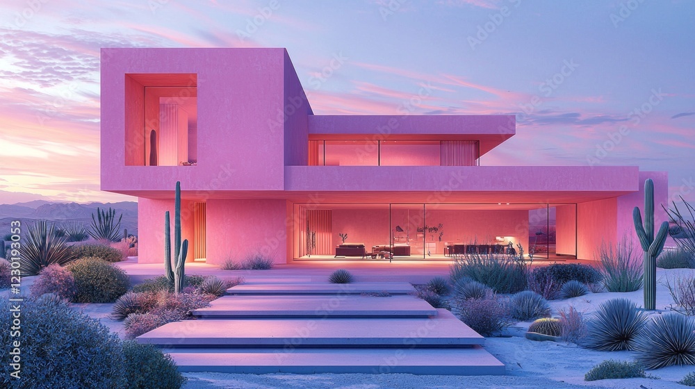Poster in a breathtaking desert setting, a striking minimalistic house features bold pink hues under a colo