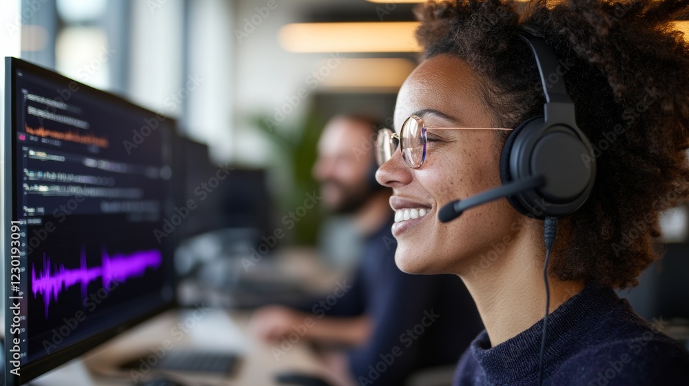 Leinwandbilder modern tech empowerment young professional using noise-cancelling headset in open office space - enh
