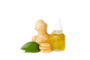 Ginger essential oil isolated on white background. Fresh ginger slices. Essence, serum, oil....