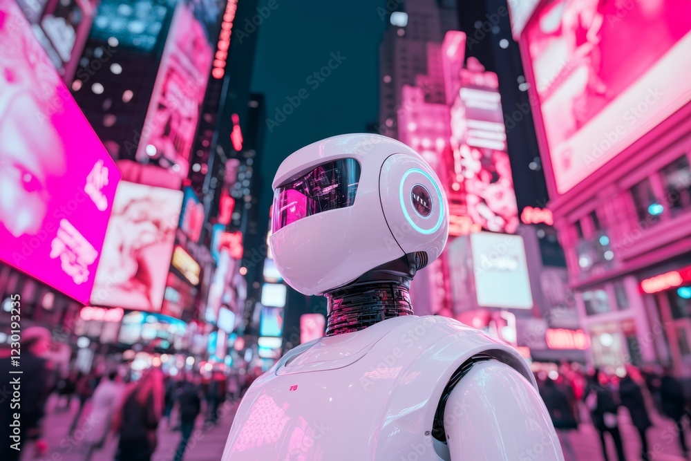 Fototapete futuristic robotic integration sleek ai robot in neon-lit urban square - tech innovation for smart c