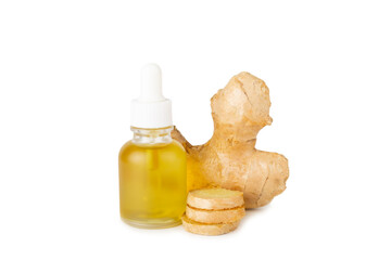 Ginger essential oil isolated on white background. Fresh ginger slices. Essence, serum, oil. Alternative medicine. Phytotherapy. Health and beauty concept.