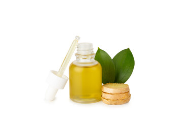 Ginger essential oil isolated on white background. Fresh ginger slices. Essence, serum, oil....