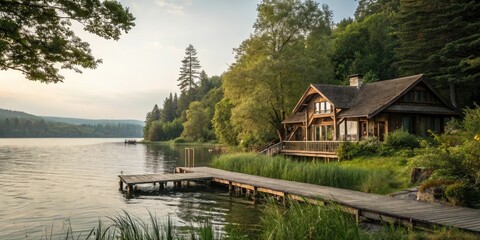 Obraz premium Serene lakefront cottage with a wooden dock and lush greenery, outdoor space, cabin, water, relaxation, nature