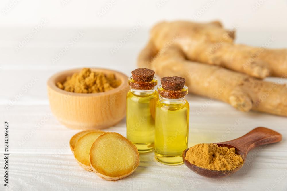 Sticker Ginger essential oil on texture background. Fresh ginger slices. Essence, serum, oil. Alternative medicine. Phytotherapy. Health and beauty concept. Place for text. Copy space.