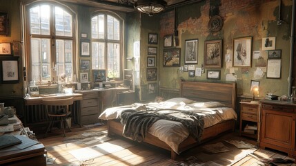 Cozy Vintage Bedroom with Natural Light and Artistic Decor Elements