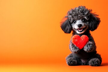 Commercial idea. Poodle - my cherished dog. Cute poodle hound with fluffy red heart - sign of love, funny greeting card. Pet love and friendship. Valentine's pet decorations. Cute animal lov.