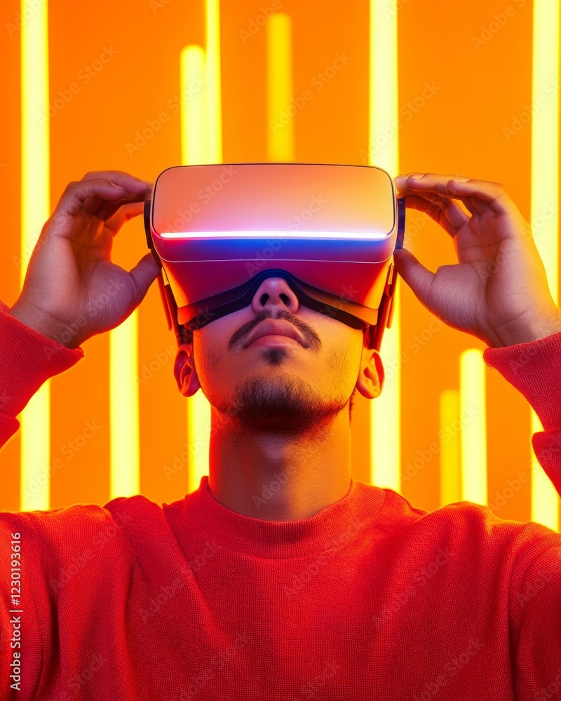 Poster immersive virtual reality experience hispanic man in neon-lit room using vr glasses - cutting-edge t