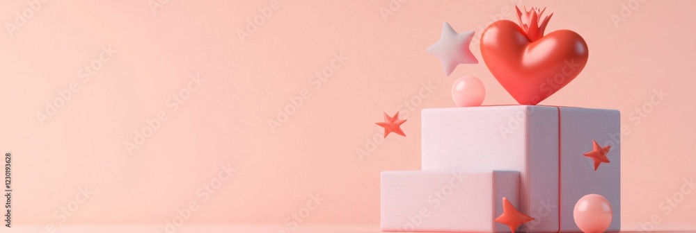 Poster modern pastel iconography heart and star shapes on textured platforms for visual branding and digita