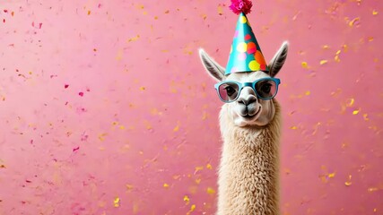 Llama Wearing Colorful Party Hat and Sunglasses Surrounded by Confetti on Pink Background for Celebration and Fun