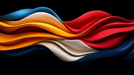 Abstract Flow: A mesmerizing, vibrant abstract composition of flowing waves in red, orange, yellow, white and blue, creating a dynamic, mesmerizing visual experience against a dark background. 