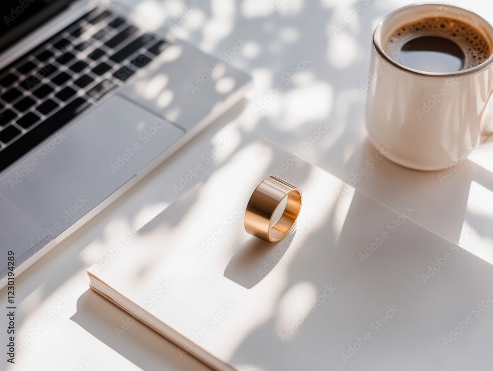 Aufkleber sleek workspace aesthetic metallic smart ring on minimalist notebook and laptop - wearable tech for 