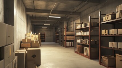 Industrial Storage Room with Cardboard Boxes