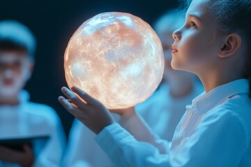 Futuristic STEM Learning Diverse Teens Analyzing Data Around Holographic Globe in LED-Lit Classroom - Enhancing Interactive Education and Tech Innovation