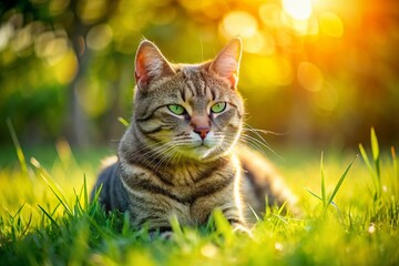 Obraz premium Gray Cat Relaxing on Lush Green Grass - Adorable Pet Photography