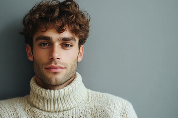 Obraz premium Portrait of a stylish man wearing a cozy turtleneck sweater, standing against a textured background, showcasing confidence and sophistication, ideal for winter fashion, lifestyle inspiration