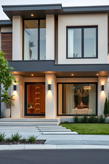 Obraz premium Luxury Modern House Exterior: Contemporary Home Design and Architecture. Elegant Facade, Landscaping, and Stylish Entrance. Real Estate Photography