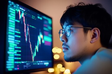 Neon-Cyber Korean Male Analyst Examines Cryptocurrency Trends on Digital Screen in Dim Office - Crypto Innovation and Remote Work Security Strategy