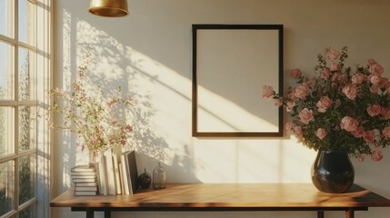 Cozy and Bright Workspace with Flowers and Empty Picture Frame