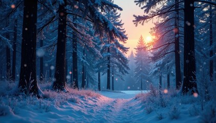 Frosty forest at dusk with snowflakes and twinkling lights, black, winter