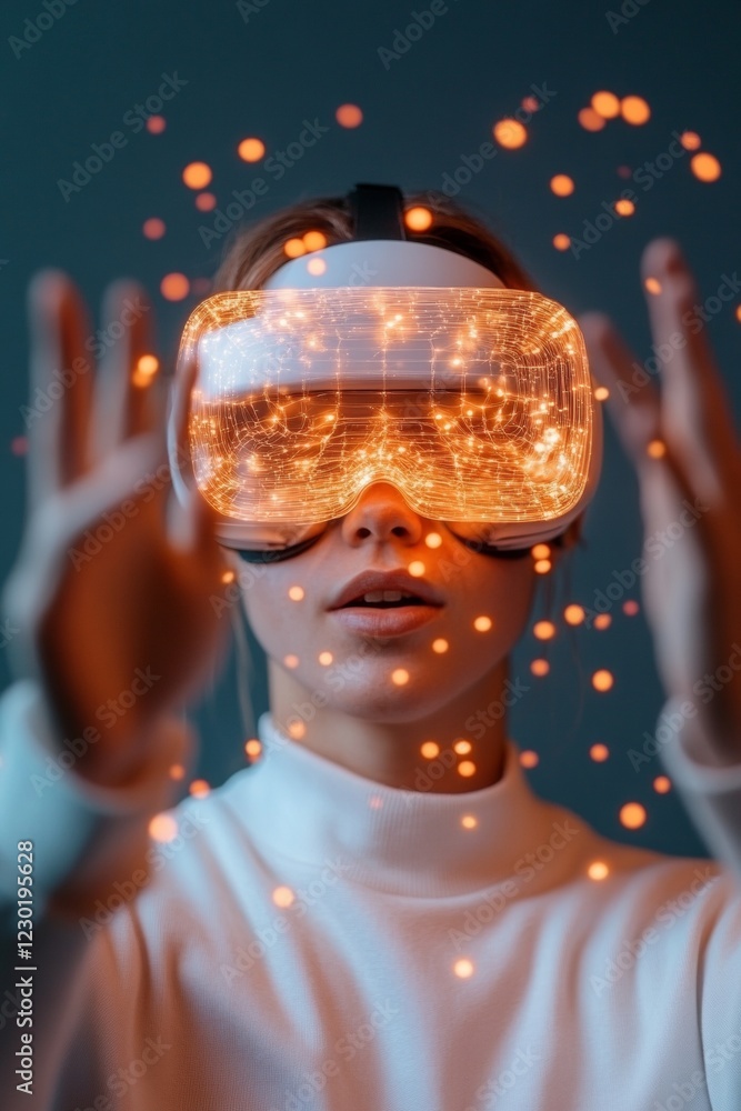 Poster Neon Futurism in Virtual Reality Diverse Professionals in Cutting-Edge VR Collaboration Space - Dynamic Teamwork for Tech Innovation and Startup Success