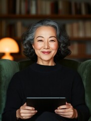 Cozy Digital Mentorship Middle-Aged Asian Woman Engaged in Virtual Volunteering on Tablet in Plush Living Room - Transforming Remote Education and Nonprofit Impact