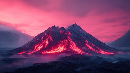A stunning volcanic eruption at twilight, with glowing lava cascading down the slopes under a vibrant pink and purple sky.
