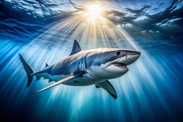 Fototapeta premium Great White Shark Underwater, Majestic Marine Predator in Blue Ocean, Wild Animal Photography