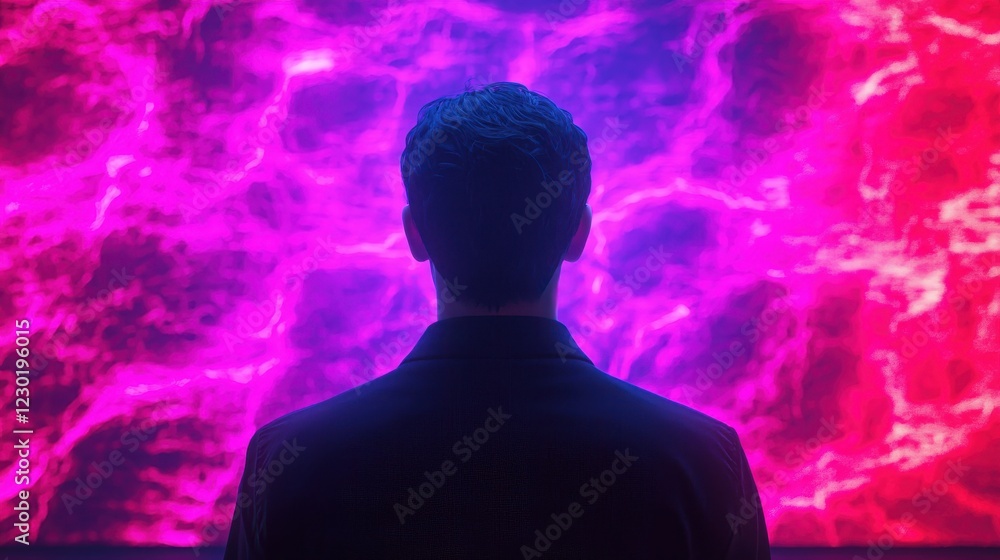 Poster a person stands in front of a vibrant, abstract display of purple and pink light, creating a captiva