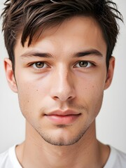 Fototapeta premium A close-up portrait of a young man with curly hair and blue eyes and looking directly at the viewer