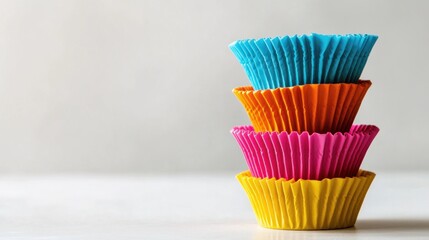 Colorful cupcake liners stacked, kitchen counter, baking prep